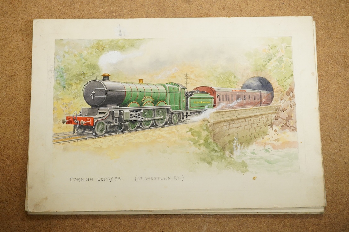 Charles Thomas Howard (1865-1942), a set of six original watercolours for postcard designs, Steam Trains to include ‘A Royal Train, Eastern and Chatham Railway’, ‘Cornish Express, GWR’ and ‘Aberdeen and Glasgow Express,